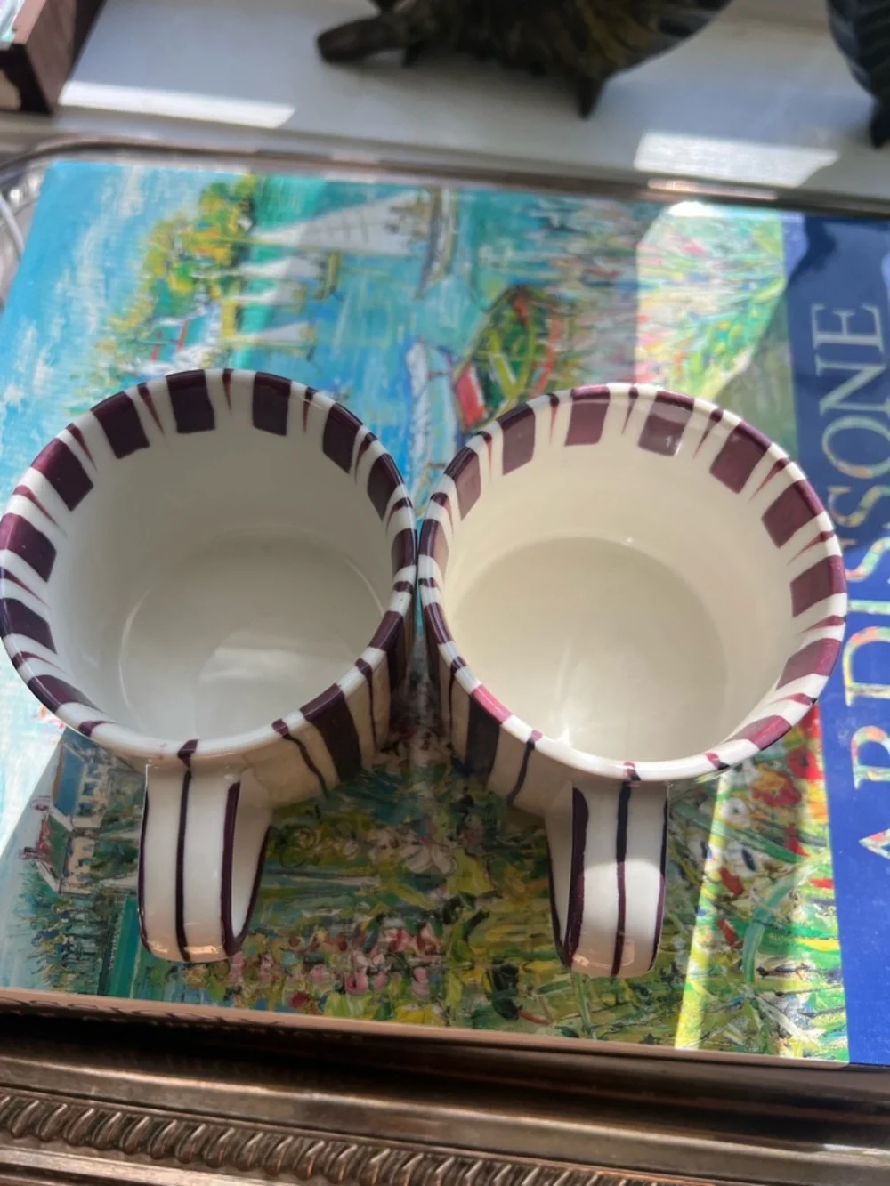 Noon &‎ Moon Cherry Lacquer Striped Espresso Cups Set of 2 Demitasse NWOB